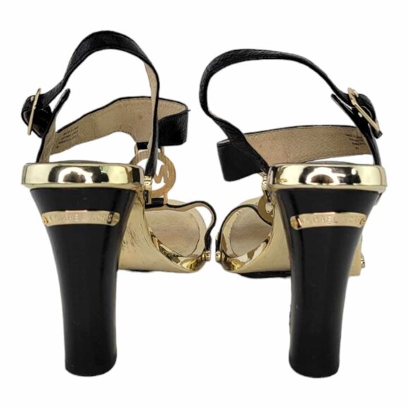 MICHAEL KORS MK LEATHER BLACK - GOLD FULTON T STRAP BLOCK HEELS - Picture 8 of 10